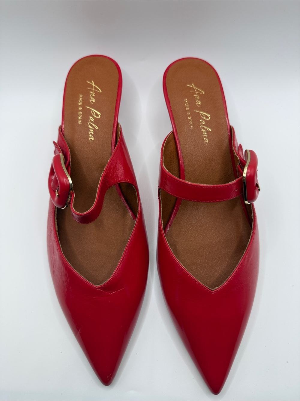 Pointed Red Leather Buckle Mules Ana Paloma - Picture 2 of 7